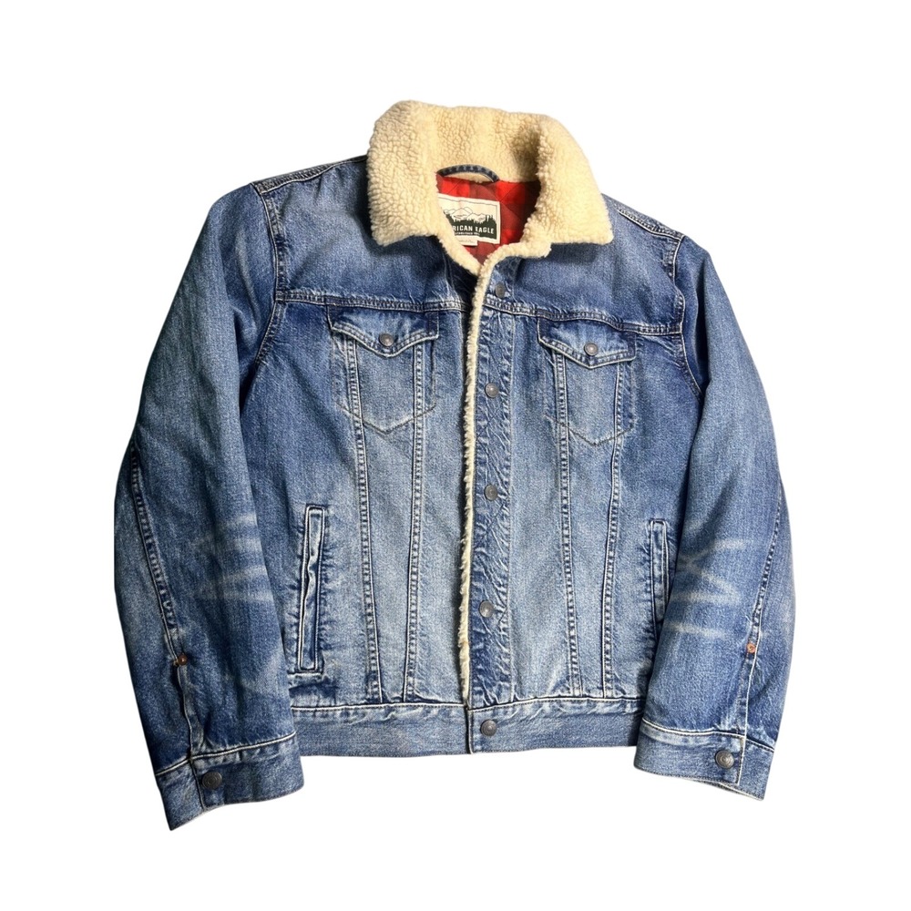 American Eagle Mens Large Sherpa Lined Denim Trucker Jacket Buffalo Plaid Jean